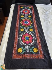 Suzani Black Fabric / Vintage Uzbek  Embroidery Table Cover Tapestry Rare  picture