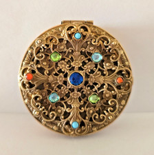 Antique Vintage Austrian Jeweled Filigree Compact Pill Patch Trinket Box LOVELY picture