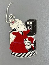 Vintage Flocked Christmas Gift Tag Girl Telephone Kitten Die Cut Mid Century picture