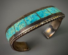 Vintage Navajo Sterling Silver Turquoise Inlay Wavy Cuff Bracelet picture