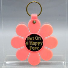 Vintage Put on a Happy Face Flower Power Keychain  1960s 70s Mod Hippie Pink picture