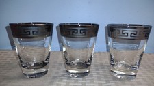 3 Vintage MCM Tall Shot Glasses with Gray/Silver Geometric Band on Rim 3.5