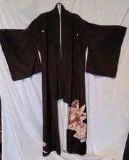 Vtg Japanese Kimono Robe Black Silk With Amazing Crane Woven Designs 56