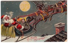 1909 Embossed Santa Sleigh Reindeer Rooftop Christmas Postcard Made in Germany picture