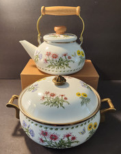 Vintage Regency Club White Enamelware Dutch Oven & Kettle Wildflower Brass 1980s picture