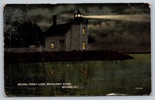 Bristol Ferry Light Moonlight Scene Postcard, Bristol RI Lighthouse, Posted 1917 picture