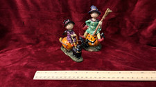 Halloween Witch on Pumpkin Figurines Set of 2 Resin w/ Black Cat picture