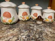 Vintage 1970s Arnel’s Ceramic Orange Mushroom 4 Piece Canister Set + Lids picture