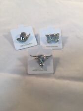 Western Pin Lot Of 3 Silver tone Hat Steer Wagon Tie Tac Lapel Pin picture