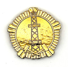 Vintage Albania Oil Derrick Badge Medal Gold Tone Albanian Petroleum Pin Medal picture