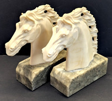 Vintage Italian HorseHead Bookends Hand Carved Alabaster & Marble base EBS Italy picture