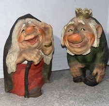 Vintage Set of 2 Green King Troll &Old Woman Hand Carved Wood HENNiNG Norway-859 picture