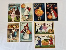 8 ANTIQUE HALLOWEEN CLAPSADDLE SANDERS POSTCARDS PUMPKINS CHILDREN OWL CATS DOG picture