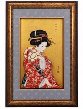 Japanese 3D Embellished Porcelain Geisha Girl Silk Kimono Framed Wall Art Decor picture