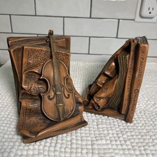 1964 Universal Statuary Corp Brown w Gold Gilding Bookends Paganini/Violin MCM picture
