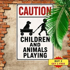 Caution Children And Animals Playing Slow Down Road Yard Metal Sign picture