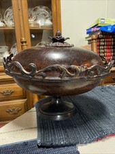 Large Vintage Bronze Pedestal Bowl 13” Scrolled Centerpiece - Made In India picture