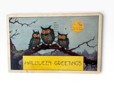 Antique 1920 Halloween Postcard 3 Owls at Night With Moon Halloween Greetings picture