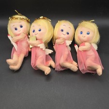 Vtg 4 Small Pixie Angel Hanging Ornament 50s Tinsel Halo Jeweled Eyes Pink ~4