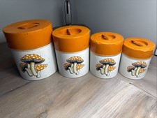 VTG 70s Mushroom Tin Canister Set 4 Pc Orange White Japan MCM Pride Creations picture