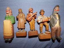 Lot Of 5 Vintage Hand Carved Wooden European Folk Art Figurines Miniature picture