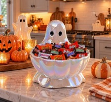 Halloween Ceramic Ghost Candy Bowl – Iridescent Pearl White Viral NWT picture