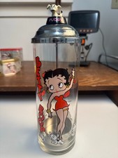Vintage 1998 Betty Boop & Pudgy Glass Straw Holder Canister w/ Lid Topper Kitche picture