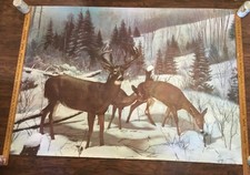 Sears Roebuck MCM Large Wall Mural Winter Deer Scene 45x65  1961 VTG picture