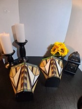 PartyLite Artisan Mission Geometric Stained Glass Wall Candle Sconce PAIR #P7698 picture
