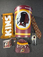 Washington Redskins Vintage Collectible Set with Beanie, Scarf, Glass Mug, Tie, picture
