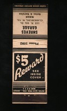 Shreves Garage $5 Reward for Car Sale Clarksburg WV Vintage Matchbook picture