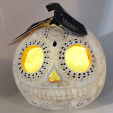 Martha Stewart LED Lighted Sugar Skull Pumpkin Halloween Decor White Plastic picture