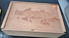 Vintage Wooden Bread Box Sliding Door Asian Landscape Etched Carved Kitchen picture