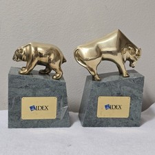 VTG 80s Gatco Brass Green Marble Wall Street Bull Bear Bookends IDEX Mutual Fund picture