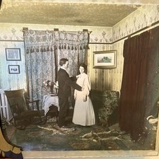 1905 G W Bond Magic Lantern Slide Man Woman Interior. Animal Skins On Floor picture