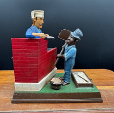 Vintage Mason Bank Cast Metal Mechanical Coin Bank w/ Mason & workers original picture