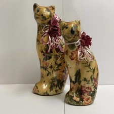Summit Collection Vintage 90s Floral Cat Decoupage Statues Figures Matching Pair picture