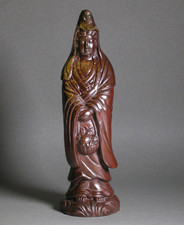 Vintage Japanese Bizen Stoneware Kannon Guanyin Figurine Holding Basket (26.5cm) picture