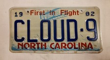 Vtg 1982 North Carolina CLOUD9 Vanity License Plate First in Flight Collectable  picture