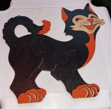 Vtg Antique Smiling Halloween Black Orange Cat Paper Cutout 13