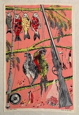 Vintage Tea Towel MCM  Game Hunting Pheasant Fishing Gun Lures Fish Lamont picture