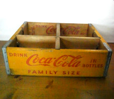 Vtg 1960's Coca-Cola Wooden Bottle Crate Family Size Yellow Advertising Soda 17