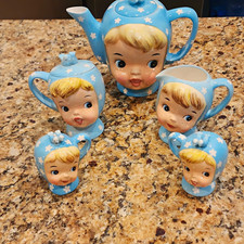 Napco Miss Cutie Pie Handpainted Blue Floral Tea Set 5pc 24oz Japan A3506 picture