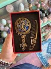 Mermaid Hand Mirror Comb Set, Blue Rhinestone Bronze Tone, Boxed Vanity Decor picture