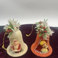 Vintage Christmas Flocked Diorama Bell Ornament Lot Of 2 Santa Angel Red White picture
