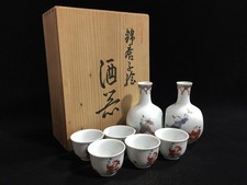 U1976 Vintage Japanese Porcelain Sake Set Karako Children 2 Bottles 5 Cups Box picture