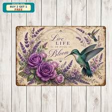 Hummingbird Floral Purple Roses Metal Sign Vintage Garden Art Room Wall Plaque picture