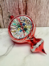 VTG Glass Snowflake Pictured Indent Reflector Finial Drop Christmas Ornament Red picture