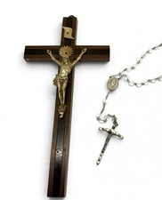 Antique German Crucifix Brass Wood Ebony Inlay Marked & Crystal Rosary 1920’s  picture