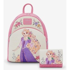 NEW Loungefly Disney Tangled Rapunzel Flowers Pink Florals Backpack & WALLET SET picture